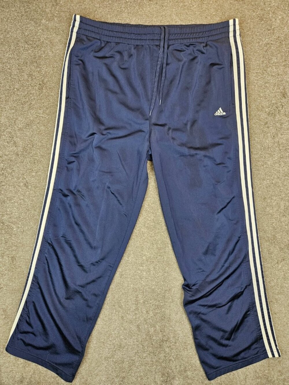 Adidas Men's Three Stripes Dark Blue Track Pants Size 2XL (39x32) Distressed